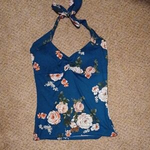 NWOT Floral Silk Feeling Halter Top - Blue/Teal  Size Med